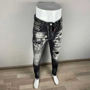 Męskie spodnie uliczne mody dżinsy vintage czarny szary elastyczne slim fit hole cracked dżinsy męskie designerskie designerskie spodnie marki Hip Hop Hombre J240510