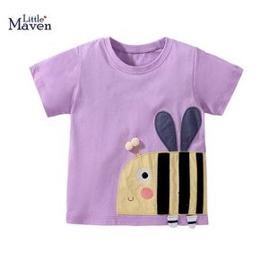 T-shirts Little maven 2024 Summer Girls T Shirts Animal Bee Appliques Toddler Girls Tops Tees Clothes Purple Girls Shirts Clothing Y240521