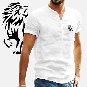 Mens camisa casual impressão de leão de linho de linho de algodão curto Top Summer Wear Wear Men Roupas Camisetas de alta qualidade 240521