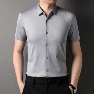 2024 Designerskie koszule męskie lodowe jedwabne rozciąganie biały krótkie rękawy dla mężczyzn Summer Business Solid Kolor męska odzież robocza Slim-Fit oddychająca M-3XL 9EB