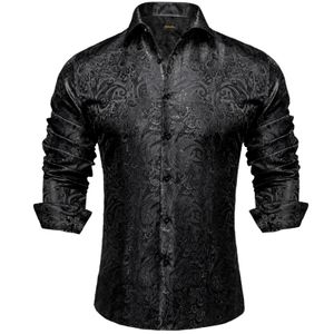 Mens Long Sleeve Black Paisley Silk Dress Shirts Casual Tuxedo Social Shirt Luxury Designer Men kläder 240520