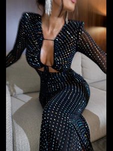 Autumn Winter Sequins Hollow Out Sexy Party Club Maxi Dress Outfits for Women Mesh Long Sleeve Lace Up Bodycon Dresses Vestido 240513