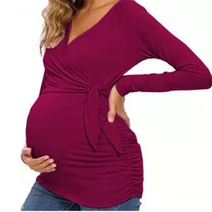 Womens Clothing Pregnancy Shirt Clothes Top Long Sleeve V-Neck Maternity Blouses Cross Belt Nursing T-Shirt L2405