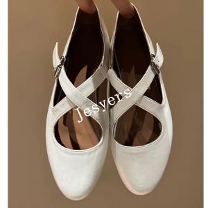 2023 New Women's Comfortable Round Head Solid Flat Shoes Spring Genuine Leather Shallow Cross Buckle Ballet Flat Shoes women