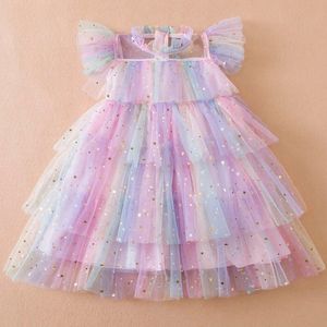 3-8yrs Girls realizam lantejoulas de lantejoulas Rainbow Crianças Princesa Tutu Dress Summer Prom Mesh Mesh Dresses Faculdade de aniversário Festas casuais