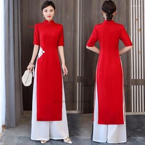 Etniska kläder 2024 Vietnam Aodai klänning Cheongsam National Flower Brodery Pants Set Impropa Qipao Chinese Banket Evening Evening