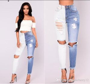 Jeans de jeans sexy de jeans Sexy Hole Braço Branco Blue Colorblock Jeans fino para mulheres Tamanho asiático S2XL4645617