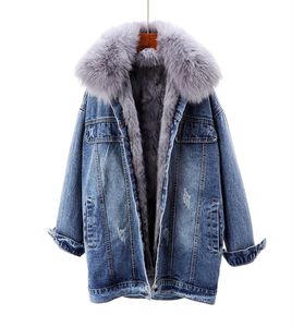 2019 Jaqueta de jeans de inverno feminino jeans jeans jeans gola de peles de gola de peles para fora do casaco de peles