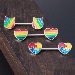 Brustwarzenringe 1 Paar Regenbogen Liebe Herz Katze für Frauen Bar Edelstahl Langhantel Piercing Body Schmuck 14g Schild Drop Lieferung DIGM