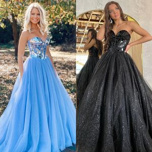 Glitter Tulle Prom Dress Sparkle Cut Glass Mirror Beading Ballgown Long Winter Formal Event Party Gown Princess Red Carpet Runway Oscar Gala Pageant Light Blue Black