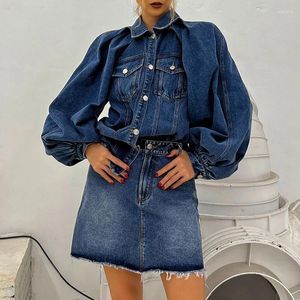 Arbeit Kleider Frauen Herbst Winter Retro Solid Denim Set Langarm Single Breasted Cardigan Mantel hoher Taille A-Line-Rock zweiteilig