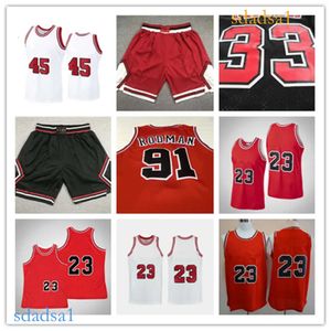 남자 마이클 23 45 MJ Jersey Dennis 91 Rodman Scottie 33 Pippen 반바지 검은 빨간색 흰색 ing 농구 유니폼