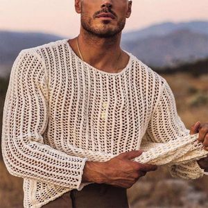 Houzhou Knit Mesh Top Transparent Sexig Se genom män långärmad tee streetwear herrkläder fisknät muskel underbruten M521 37