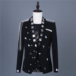 Black White Mirror Chain Tassel Jacket Slim Coat Stage Costumes Singer Jacket Blazer Ytterkläder Performance Tuxedo Manlig värd Fashio9211384