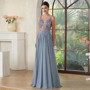 Sexiga rygglösa aftonklänningar Dark Navy Chiffon Appliques A Line Sheer V Neck Long Party Prom Gowns CPS3038