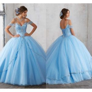 Light Sky Blue Ball Gown Quinceanera Cap Sleeves Spaghetti Beading Crystal Princess Prom Party Dresses For Sweet 16 Girls 0521