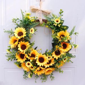 Decorative Flowers Artificial Yellow Sunflower Wreath With Green Leaves For Front Door Indoor Outdoor Wall Wedding Home Decoration