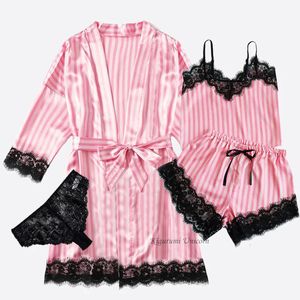 Robe de listras rosa e pijamas Conjunto feminino de seda cetim Lace Sleepwear Summer Sexy Faux Pijamas Bathrobe Awear Night Conjunto 240423