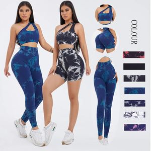 Sömlös Oneshoulder Tiedye Yoga Ställer in Sports Fitness Hiplifting Pants Tight Vest Suits Workout Gym Leggings for Women 240516