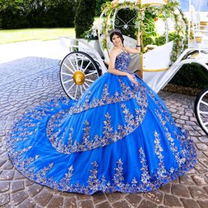 Kraliyet Mavi Quinceanera Elbiseler Tweetheart Tül Aplikes Meksika Tatlı 16 Doğum Günü Partisi Balo Gowns Vestidos De Gala 0521