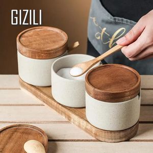 Kitchen Ceramic Seasoning Jar with Wooden Lid and Spoon Salt Pepper Bottle Storage Organization Food Container Kitchen Supplies 240521