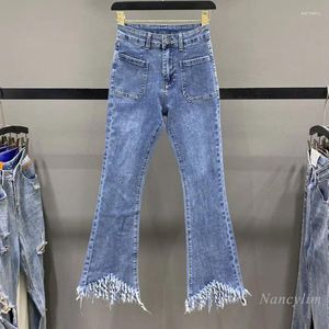 Women's Jeans Blue Denim Tassel Frayed Skinny For Women 2024 Spring And Summer High Waist Elastic Slimming Flared Pants
