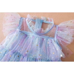 Novo verão garotas crianças lantejas camadas de malha bolo arco-íris vestidos princesas roupas roupas de aniversário de festa de aniversário de 3-8 anos