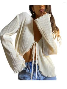 Kobiety Polos Women Y2K długie rękawie Sheer Bluzka Kwiat nadruk Krawata Slim Crop Top Sexy Button Down Down Down Shirts Suncreen Streetwear