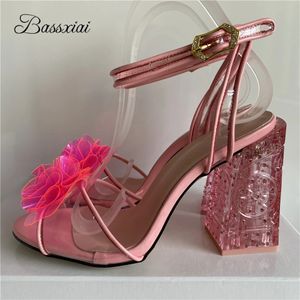 Handmade Jelly Flower Ankle Strappy Sandals Women Jeweled Crystal High Heels Open Toe PVC Candy Color Rhinestone Summer Shoes 240509