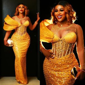 2024 Aso Ebi Gold Prom Dresses for Special Occasions Sheer Neck Illusion Long Sleeves Beaded Sequined Lace Pearls Birthday Dress Second Reception Gowns AM944