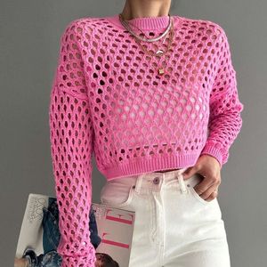 Herbst modische neue Mesh Strickwear -Flare -Ärmel losen runden Hals hohlen Pullover für Frauen
