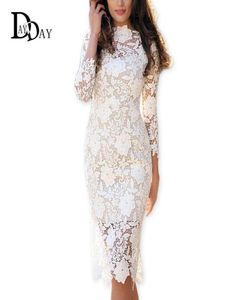 2016 Summer Women White Lace Dresses Bodycon virkning Lace Långärmad midi Elegant mantelpennapartyklänningar S1471631762373