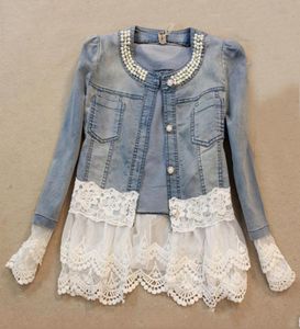 Slim Lace Patchwork Perlenfrauen Denim Jacke Langarm Jeans Frauen Jacken plus Größe Jeans Mantel Frauen Jacke Outwear1894304