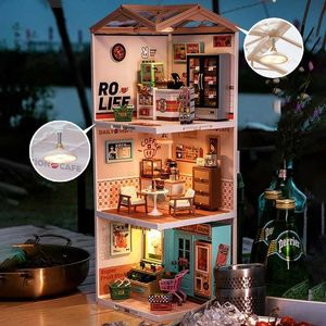 Блоки 3D головоломка мини -хаус кофейня Книжный магазин магазин магазин магазинов игрушек и коллекции освещения украшения рождественские подарки H240521
