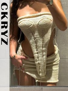 Work Dresses Ladies Sexy Club Wear Y2K Summer Outfits Women 2 Pieces Knitted Sleeveless Backless Tube Crop Top And Mini Skirt Set Streetwear