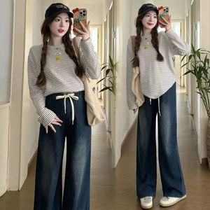 ヴィンテージダークブルーデニムジーンズマタニティ春の夏ワイドレッグルースストレートハイウエストパンツ妊婦24SS Y2KユースL2405