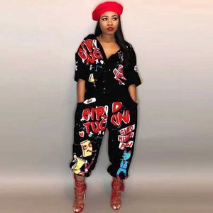 Rompers de macacões femininos 2020 NOVA Brand Fashion Hip Hop Style Jumpsuit de macacão Letra especial Turn Down Collar Halve Sleeve Romper Jumpsuit Y240521