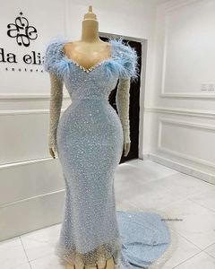 Blue Beads paljetter sjöjungfrun prom klänningar eleganta långa ärmar aftonklänningar 2021 Kvinnor Formell festklänning 0521