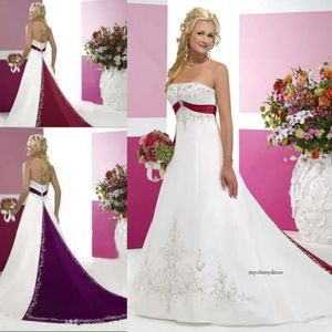 White And Red Bridal Gowns With Beaded Embroidery Empire Strapless Cathedral A Line Wedding Dresses 0521