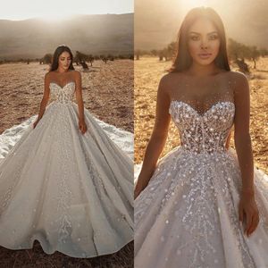 Charming Sweetheart Ball Gown Wedding Dresses Luxury Sleeveless Applique Floral Bridal Gowns Glitter Sequined Vestido de novia