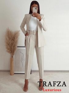 Women's Two Piece Pants TRAFZA Office Lady Beige Women Suits Long Sleeve V Neck Oversized Blazer High Waist Wide Leg Fashion 2024 Vintage