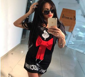 2016 Summer Cartoon Letter Character Print Red Bow Dress Casual Oneck Short Sleeve Dresses Vestidos Fashion Loose Women Dress Plu2621862