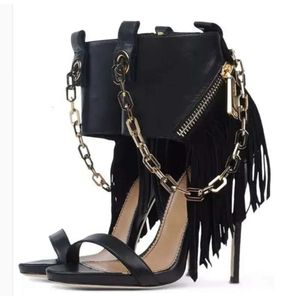 Fashion Black Women Leather Gold Chain Design Design Gladiator Ankle Wrap Gassels High Heel Sandals Knight 05B