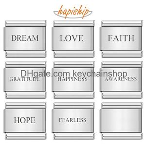 Charms HapShip 2024 New Happiness Love Fé Hope Dream Letter Links Fit Fit 9mm Salão de aço inoxidável Diy Fazendo jóias DJ002 OTIP2