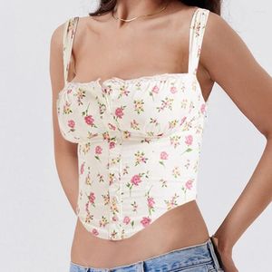 Kvinnors tankar Y2K Kvinnor Floral Print Tank Top Low Cut Sleeveless Backless Tie Up Lace Patchwork Ruched Camisole Summer Going Out Bustier