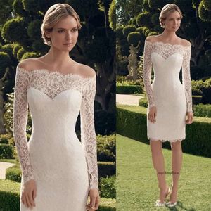 Elegante kurze Landkleider billig von der Schulter Langarmes Spitzenmieder Vestidos de Novia Hochzeit Brautkleider 0521