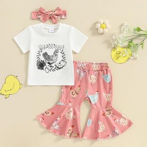 Одежда наборы модных летних девочек с курицами печати с короткими рукавами футболки с коротким рукавом.