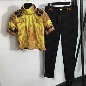 Vintage print t koszule koszulki szczupłe spodnie damskie damskie garnitur uprawne bluzki metalowa klamra talii czarna długie spodnie dwuczęściowe