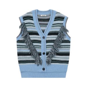 Baggy Tassels Striped Knitted Vest Harajuku Fashionable Casual Raw Edge Patchwork Sleeveless Knitwears Top Oversize Sweaters Y2k 240518