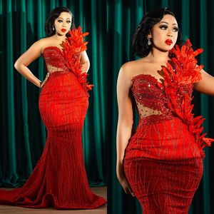 2024 Aso Ebi Red Prom Dresses for Special Occasions Sheer Neck Illusion Beaded Lace Birthday Party Dress Second Reception Gowns Engagement Gown Promdress AM935